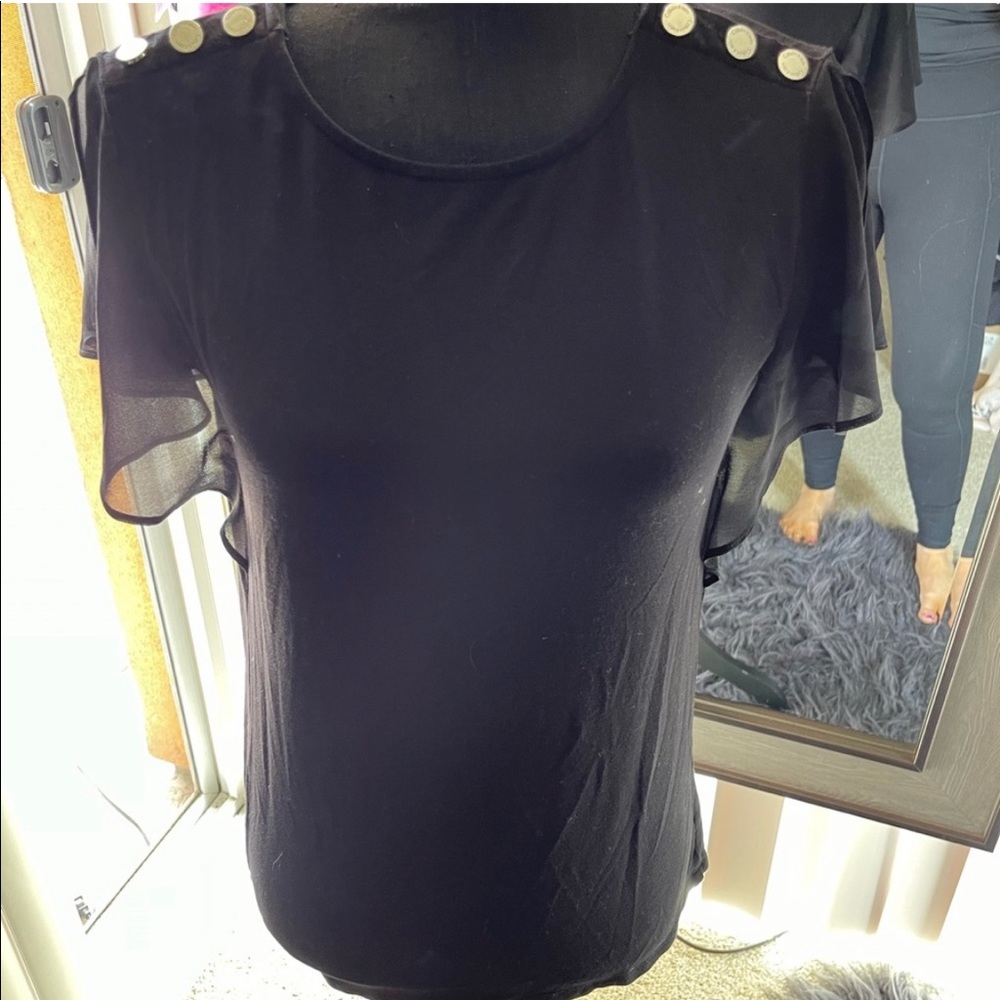 Calvin Klein Black shirt w/sheer sleeves and silver decorate buttons